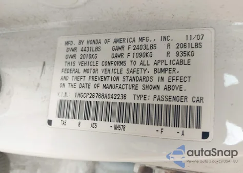 2008 Honda Accord 2.4 Ex z USA, uszkodzony, nr VIN 1HGCP26768A042236